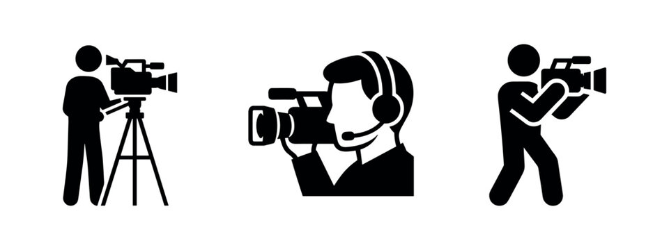 Videographer and camera operator icons. Filming crew vector silhouettes for media production.