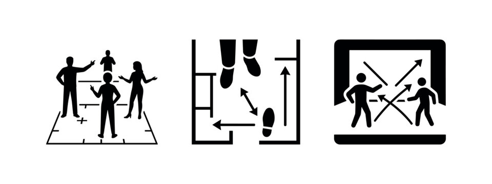 Business strategy, movement planning, and digital tactics icon set - analytics and collaboration