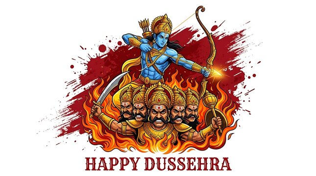 Lord Rama triumphant in Dussehra celebration with copy space for festive designs