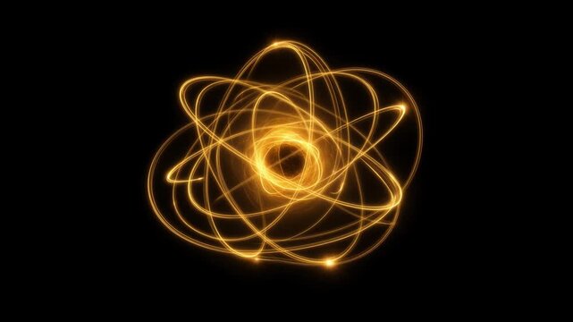 Abstract golden atom model with glowing orbital trails and central nucleus on a black background, representing physics, science, and energy