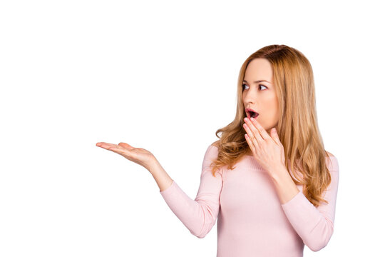 Wow omg oops! Close up portrait of surprised astonished beautiful attractive woman with open mouth looking on empty place on her palm isolated on gray background copyspace