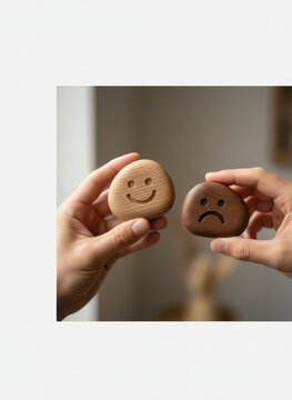 Hands Holding Wooden Cubes with Happy and Sad Face Icons