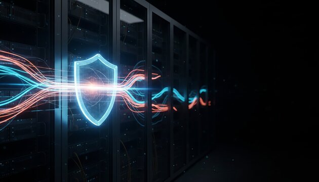 Cyber Security Digital Shield with Glowing Fiber Optic Network Data Lines