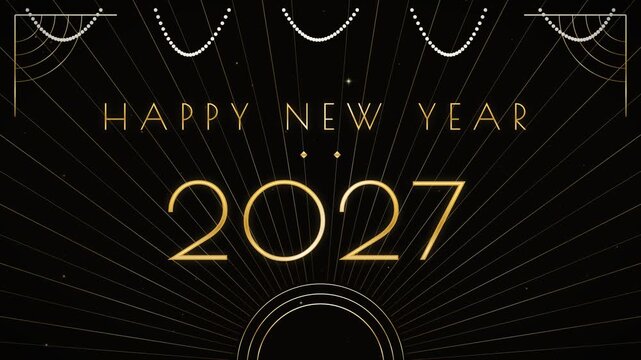 Art Deco Style Happy New Year 2027 Celebration with Golden Sunburst and Festive Ornaments