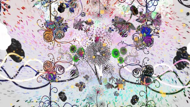 Intricate floral ornaments and organic botanical elements float with colorful particle speckles in an abstract 3D garden animation