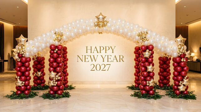 A grand and festive new year 2027 celebration with vibrant decorations creating a joyful and welcoming atmosphere for