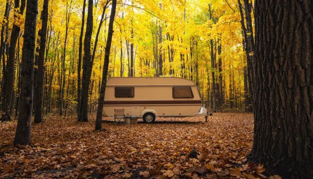A beige caravan parked in a forest during autumn with fallen leaves.