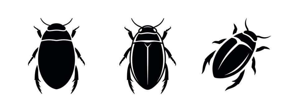 Top view black diving beetle icons with streamlined bodies