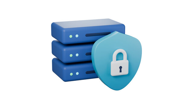 Modern 3D icon representing secure servers and protected data infrastructure with transparency background.