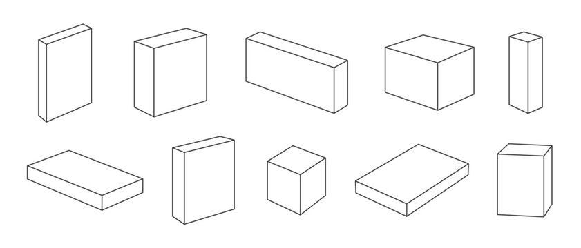3D Isometric Box Line Art Set, Blank Cubes and Rectangles Outline Vector Illustration