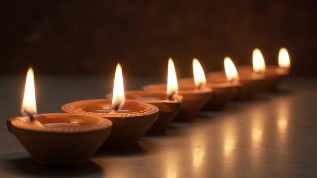 Row of terracotta diyas with flickering yellow flames against dark brown background, soft reflections on ground, festival of lights macro.