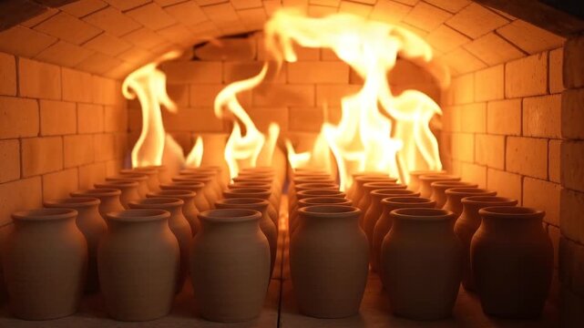 Pottery fires inside glowing orange brick kiln, rows of unglazed ceramic vases in extreme heat, roaring yellow flames, industrial craft.