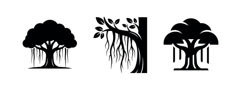 Banyan tree icon set. Black silhouettes of banyan trees with aerial roots, vector illustration for tropical and spiritual designs.