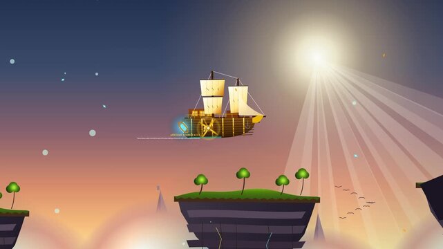 2D animation of a steampunk airship flying through fantasy floating islands with green grass under a bright sun and starry sky, retro game platformer background concept