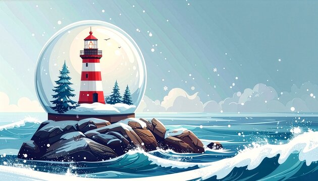 Miniature lighthouse inside a snow globe vector illustration