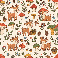 Obraz premium Woodland deer and autumn mushroom seamless pattern.