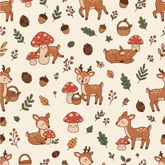Obraz premium Cute deer and mushrooms seamless pattern forest nature backdrop.