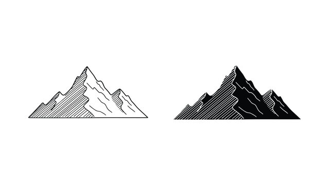 Mountain peak vector line art and solid silhouette set