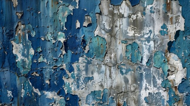 Close up view of an aged wall where layers of blue paint have flaked off  exposing rough gray concrete beneath in a patchy  uneven texture
