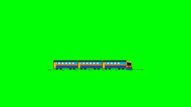 A modern aerodynamic passenger train with blue and yellow livery traveling fast to the right, isolated on a green screen background for chroma key compositing.