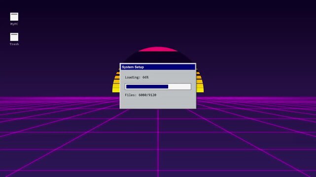 Retro synthwave computer desktop interface showing a system setup progress bar with a futuristic digital grid background in motion render style