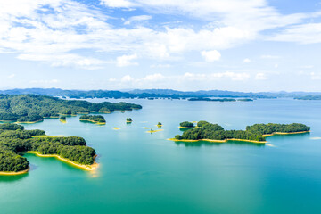 aerial view of emerald lake waters and green islands in qiandao lake © zhangyang135769