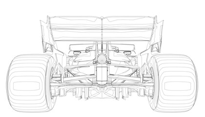 Obraz premium Detailed blueprint of a race car on a white background, back view