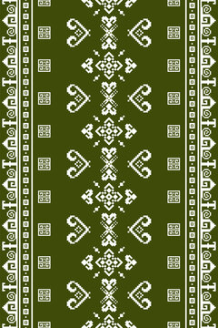 Geometric pixel border pattern with symmetrical ornamental motifs, central vertical decoration, framed side bands, and repeating white designs on a dark olive green background.