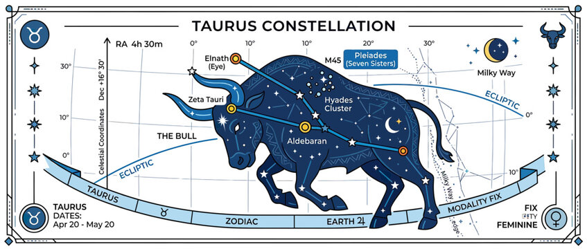 Taurus Constellation Chart with Zodiac and Celestial Coordinates