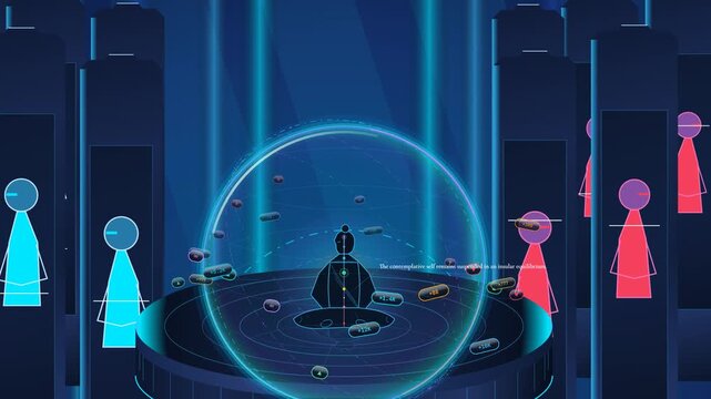 Abstract futuristic animation representing an algorithmic echo chamber and digital filter bubble where individuals are isolated in data spheres that reinforce confirmation bias