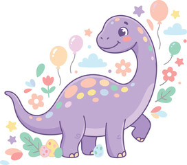 Cute Purple Brachiosaurus Dinosaur Cartoon Character with Birthday Balloons Flowers and Stars for Kids Nursery Stickers and Festive Invitation Card Designs © Mohammad