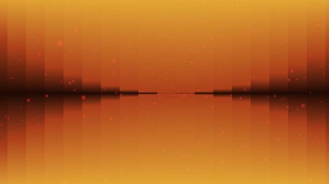Horizontal warm amber and copper gradient background with geometric square particles drifting across dark center