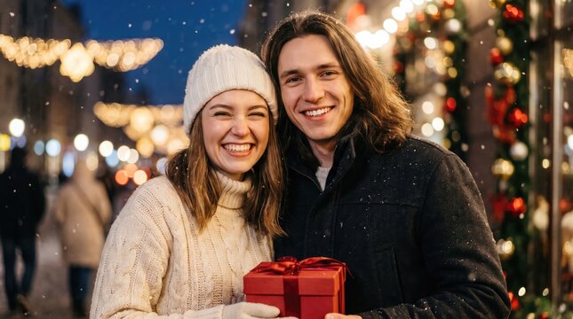 Happy young couple enjoying a festive christmas market with gifts and twinkling lights