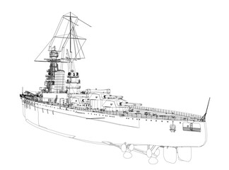 Obraz premium Black and white battleship drawing on white background featuring tall masts, stern, gun turrets, and detailed hull lines of the armed warship.