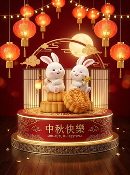 Two cute cartoon rabbits holding red envelopes under chinese new year lanterns
