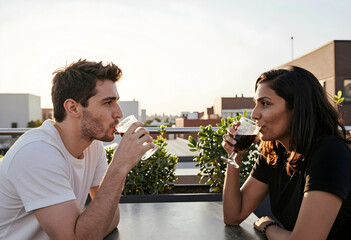 Fototapeta premium Social connection and dating, young couple drinking wine on a rooftop terrace at sunset for romantic evening and lifestyle leisure in urban setting