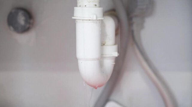 Water dripping steadily from a loose pipe under a kitchen sink highlighting home maintenance and repair needs.