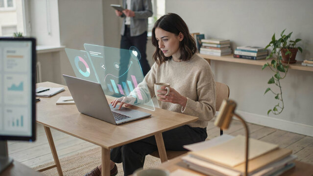 Translucent AI marketing analytics interface floating above laptop with audience graphs and engagement metrics for MarTech platform web banners, software ads, and SaaS demos