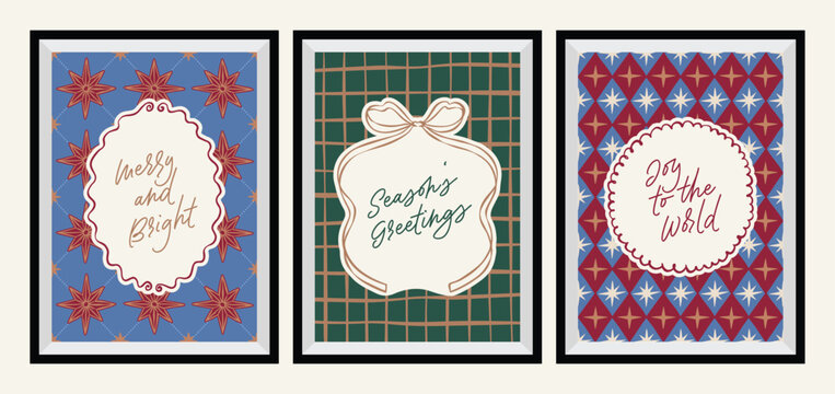 Christmas greeting cards with whimsical holiday ornaments and lettering