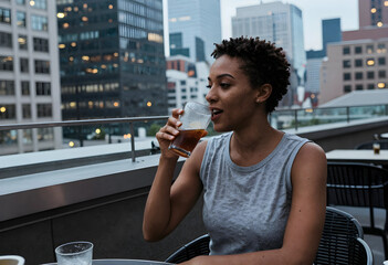 Fototapeta premium Work-life balance and urban lifestyle, young woman drinking iced coffee on a city rooftop terrace after work during a relaxed evening in the city