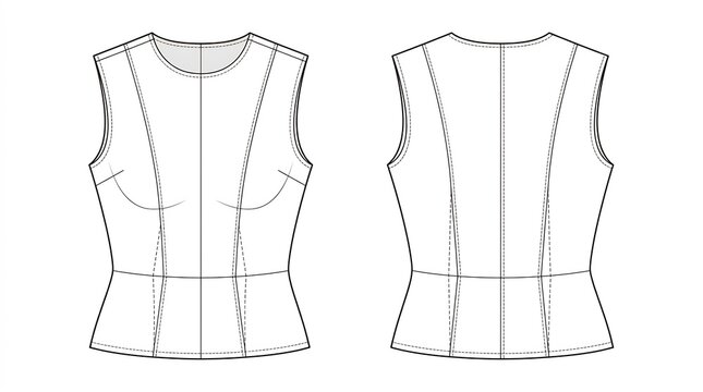 Technical Bodice Design Sketch Showing Front and Back Views of a Sleeveless Top