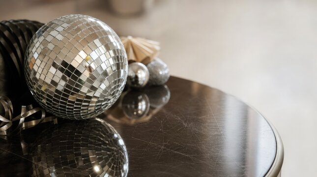 Shiny silver disco ball placed on a reflective wooden table for party decoration
