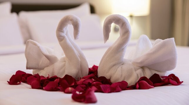 Towel art of swans on a hotel bed surrounded by rose petals arranged for special occasions