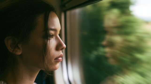 Young person gazes out of train window while traveling through green landscape