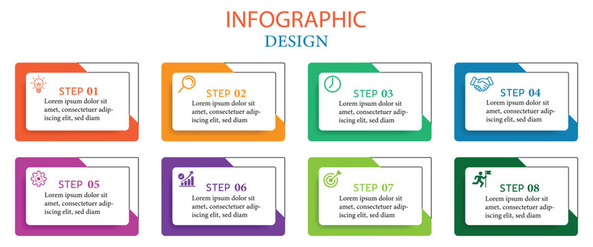 8 Steps Infographic Design Template Vector - Modern Business Process Diagram, Rounded Card Layout, Workflow Chart with Icons
