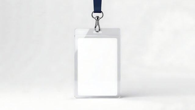 Vertical blank white identification badge mockup in a transparent plastic holder with a blue neck lanyard, professional employee identity name tag for corporate business events and security.