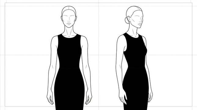 Female fashion croquis template with front and three quarter views wearing a simple black dress for apparel design