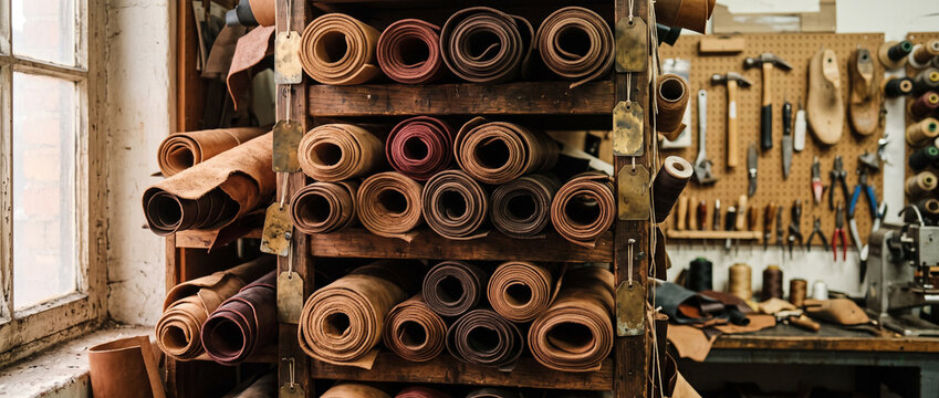 Rolls of leather on wooden shelves in a traditional cobbler workshop. Shoemaker workplace with hand tools on a pegboard