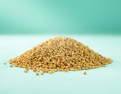Pile of Organic Fenugreek Seeds on Vibrant Turquoise Background - Culinary and Medicinal Spice