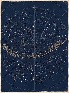 Vintage celestial map with zodiac constellations on dark blue background